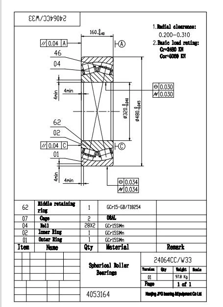 Super Polished P6 P4 24064 Heavy Load Spherical Roller Bearing for Crushing Machine